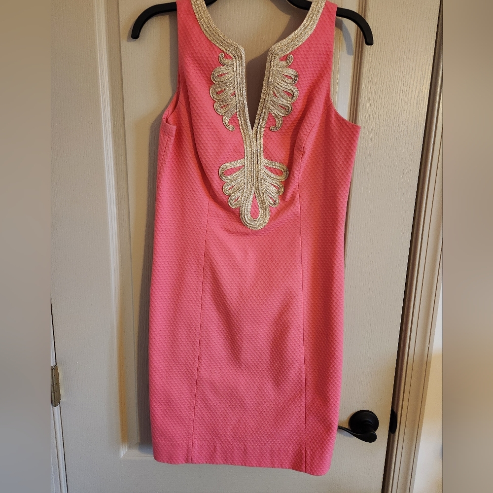 Lilly Pulitzer Pink Midi Dress with Gold Accents Beautiful for Easter - Picture 2 of 9